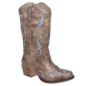 TAUPE Cowboy Western Glitter Accent Boots